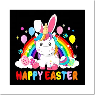 Easter Cute Unicorn Wearing Bunny Ears Easter Eggs Posters and Art